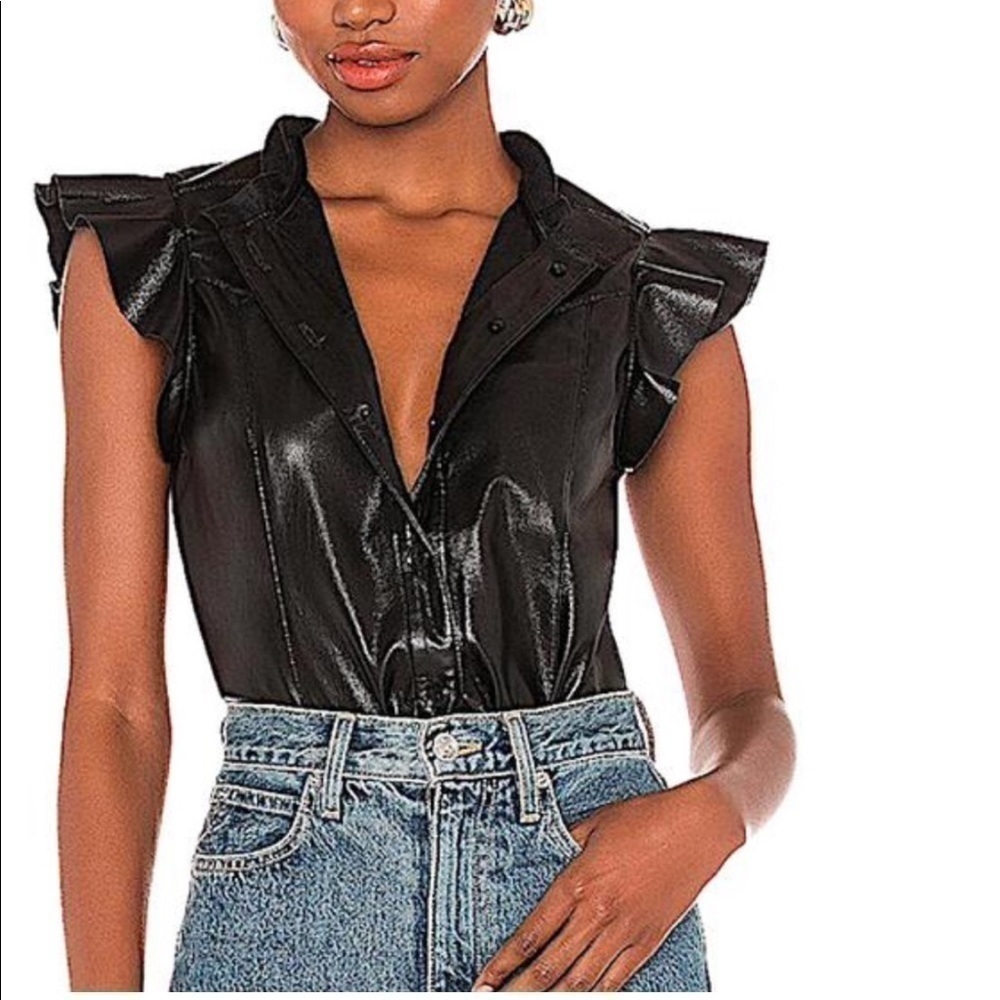 Joie Orien Black Vegan Leather Flutter Sleeve Top Size S - Picture 4 of 9
